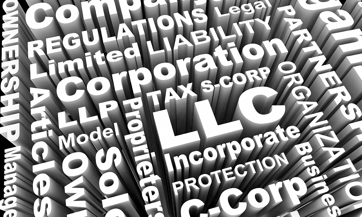 LLC LLP S- C-Corp Business Types Models Words 3d Illustration Types of businness formations Steven L. Ginsberg can help with inSuffern and Rockland County NY